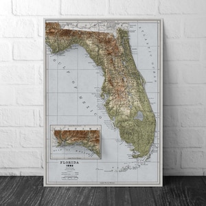 Florida Map - Vintage Style 1882 Elevation Map - 2D Print with 3D effect shaded relief Poster - Florida Poster - USA - United States