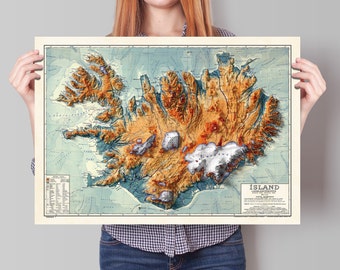 Iceland Map - 2D Print - Iceland Geology - Vintage - Shaded Relief Map - retro map - kopavogur - hekla - Reykjavik - Keflavik - Geysir