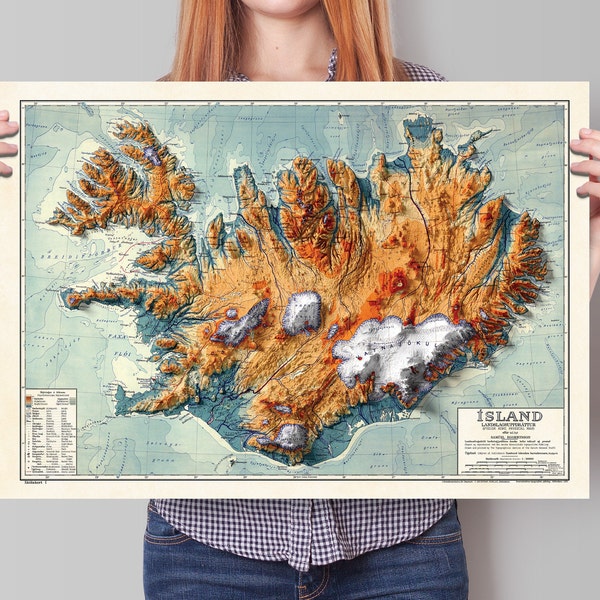 Island Karte - 2D Druck - Island Geologie - Vintage - Schattierte Relief Karte - Retro Karte - kopavogur - hekla - Reykjavik - Keflavik - Geysir