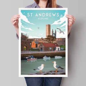 St Andrews Harbour Print -  St Rule&#39;s Church - East Neuk of Fife - St Andrews Cathedral - Fishing Village - Scotland Illustration Art