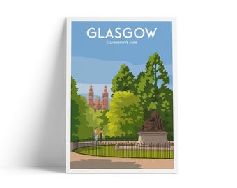 Glasgow Kelvingrove Park Travel Poster | Lord Kelvin Statue & Kelvingrove Museum | Scotland