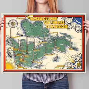 Great Britain and Ireland Map - Post Office Wireless Stations Map - Vintage Unioted Kingdom Print - 1939 - Wall Art - Gill, Leslie MacDonald