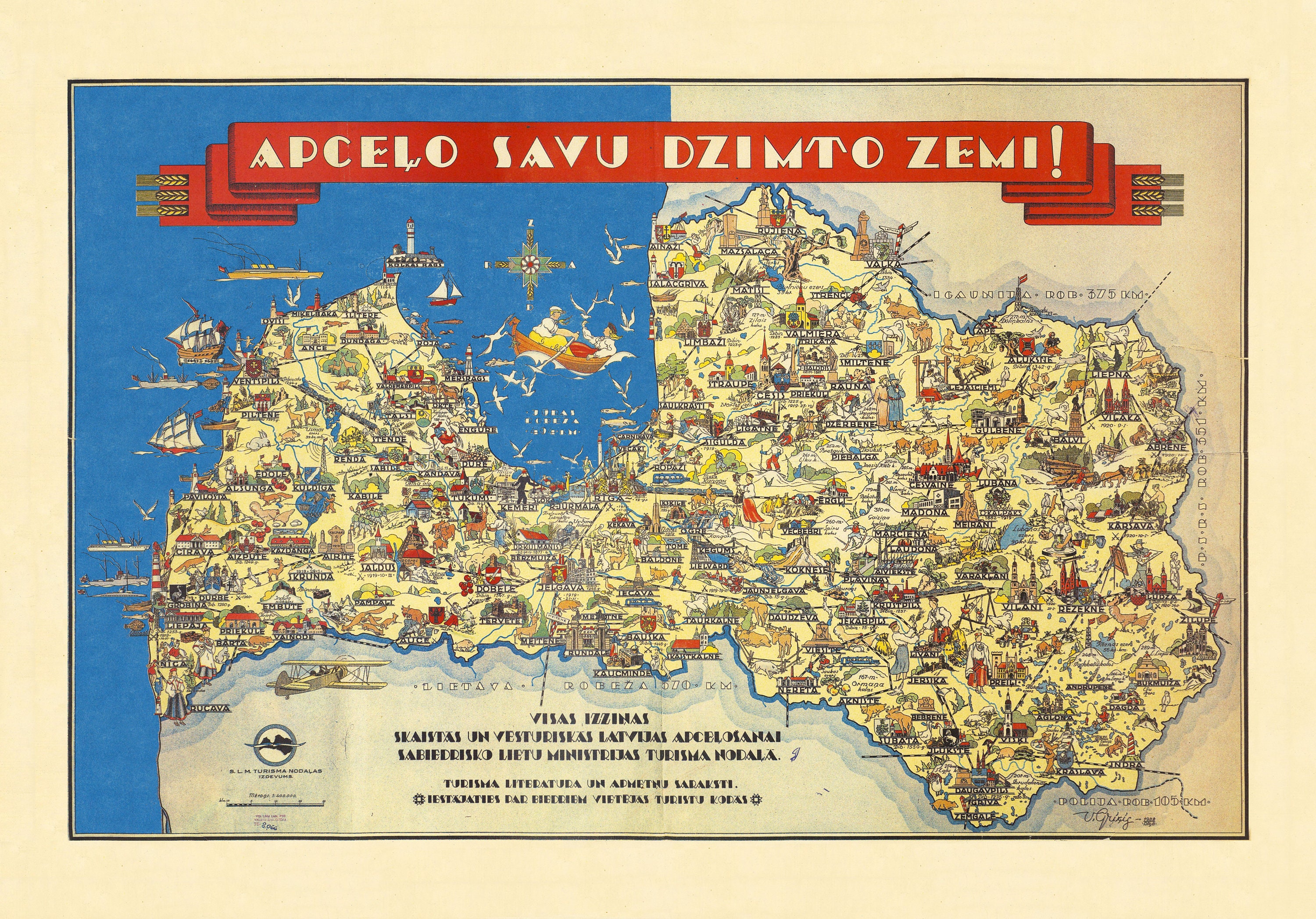 Old Pictorial Map of Latvia - Apcelo Savu Dzimto Zemi! (travels