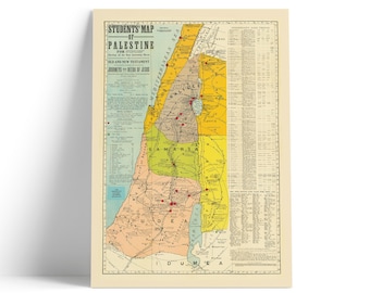 Student's Map of Palestine - Old Palestine Poster - old and new testament -  journeys and deeds of Jesus - Israel - Biblical Print - 1905