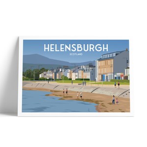 May include: A colorful illustration of a seaside town with the text "Helensburgh, Scotland". The illustration shows a row of buildings with a sandy beach and blue water in the foreground.
