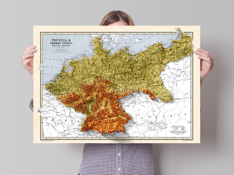 Mapa de Prusia y los estados alemanes, Holanda y Bélgica Impresión topográfica del mapa de Bartolomé Impresión 2D Giclée Retro imagen 1