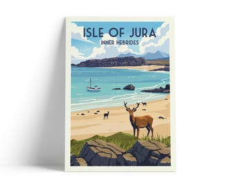 Isle of Jura Scotland Travel Poster | Scottish Red Deer Print | Inner Hebrides Coastal Wall Art | Vintage Island Landscape Poster