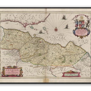 Alte Edinburgh Landkarte | Blaeu | Alte antike Landkarte von Edinburgh und der Firth of Forth | 1665 | Alte Landkarte Wanddruck| Poster Wandkunst | Wandkunst