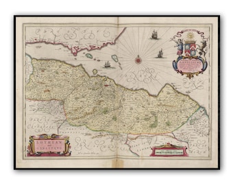 May include: Antique map of Lothian, Scotland, with intricate details and vibrant colors. The map features text, illustrations of ships, and a decorative border. The map is framed in a black frame.