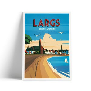 May include: A retro-style illustration of the town of Largs, North Ayrshire, Scotland. The image features a beach, a sailboat, and a church with a tall steeple. The sky is blue with white clouds.