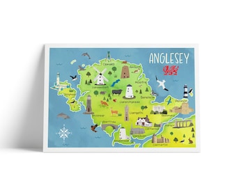 Cute Map of Anglesey Poster | Illustrated Wales Wall Art | A4 – A1 Travel Print | 180gsm Matt or 200gsm Satin