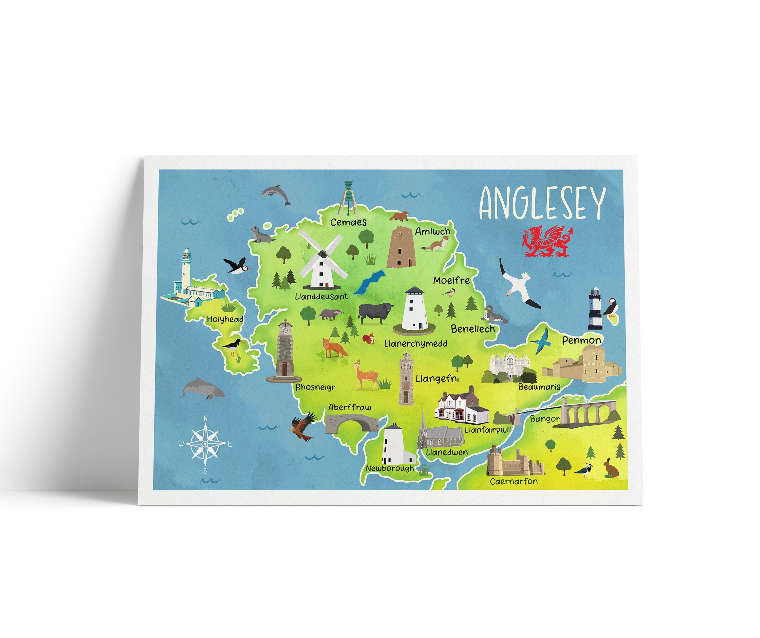 Cute Map Of Anglesey Poster Illustrated Wales Wall Art A4 A1 Il Glsz 