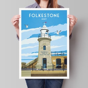 May include: A colourful illustration of a lighthouse in Folkestone, Kent. The lighthouse is white with a black roof and a red flag on top. The sky is blue with white clouds. The text "Weather is a third to place and time" is written on the side of the lighthouse.