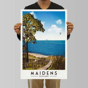 May include: A colorful illustration of a scenic landscape with a wooden walkway leading to a beach. The image features a green tree, blue water, a small island in the distance, and the text "Maidens, Scotland".