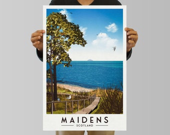 May include: A colourful illustration of a scenic landscape with a wooden walkway leading to a beach. The image features a green tree, blue water, a small island in the distance, and the text "Maidens, Scotland".
