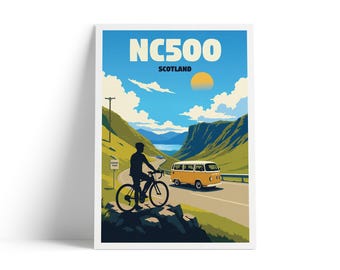 NC500 Poster Bealach na Ba, Applecross Scotland Travel Print, Cycling & Campervan Wall Art, North Coast 500 Pass Art, A4 A3 A2 A1 Unframed