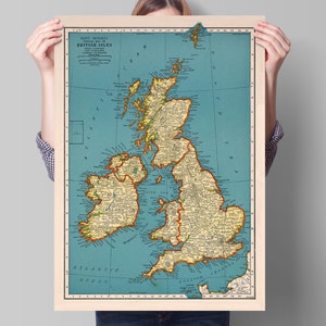 Beliebte Karte der britischen Inseln | Vintage Poster Wand kunstdruck | Rand McNally | 1939 | Antike Landkarten | Uralter Britannien | Vintage Landkarten