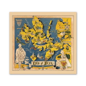 Skye Map - Isle of Skye Vintage Map Print | Pictorial Map of Skye in Scotland, Tourism Map showing Portree, Kyle of Lochalsh, Uig, Cuillins