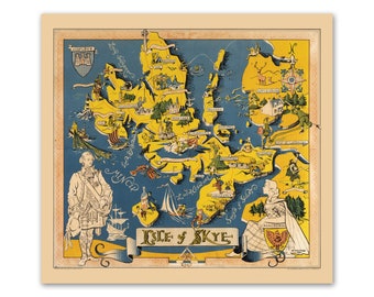 Mapa de Skye - Impresión de mapa vintage de la isla de Skye / Mapa pictórico de Skye en Escocia, Mapa de turismo que muestra Portree, Kyle of Lochalsh, Uig, Cuillins