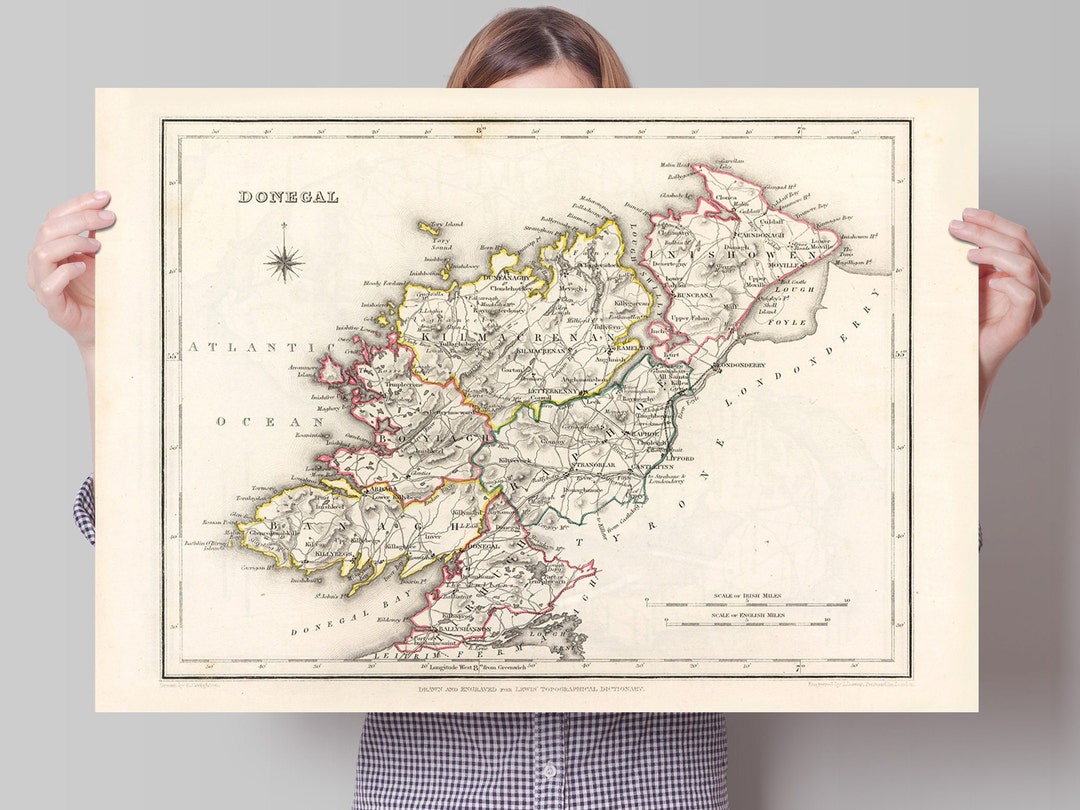 Donegal Map, Old Vintage Irish Print, Donegal County Banagh Tirhugh