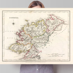 Donegal Karte, Vintage Irischer Druck, Donegal County - Banagh - Tirhugh - Boylagh - Kilmacrenan - Inishowen - Ardara - Irisches Poster