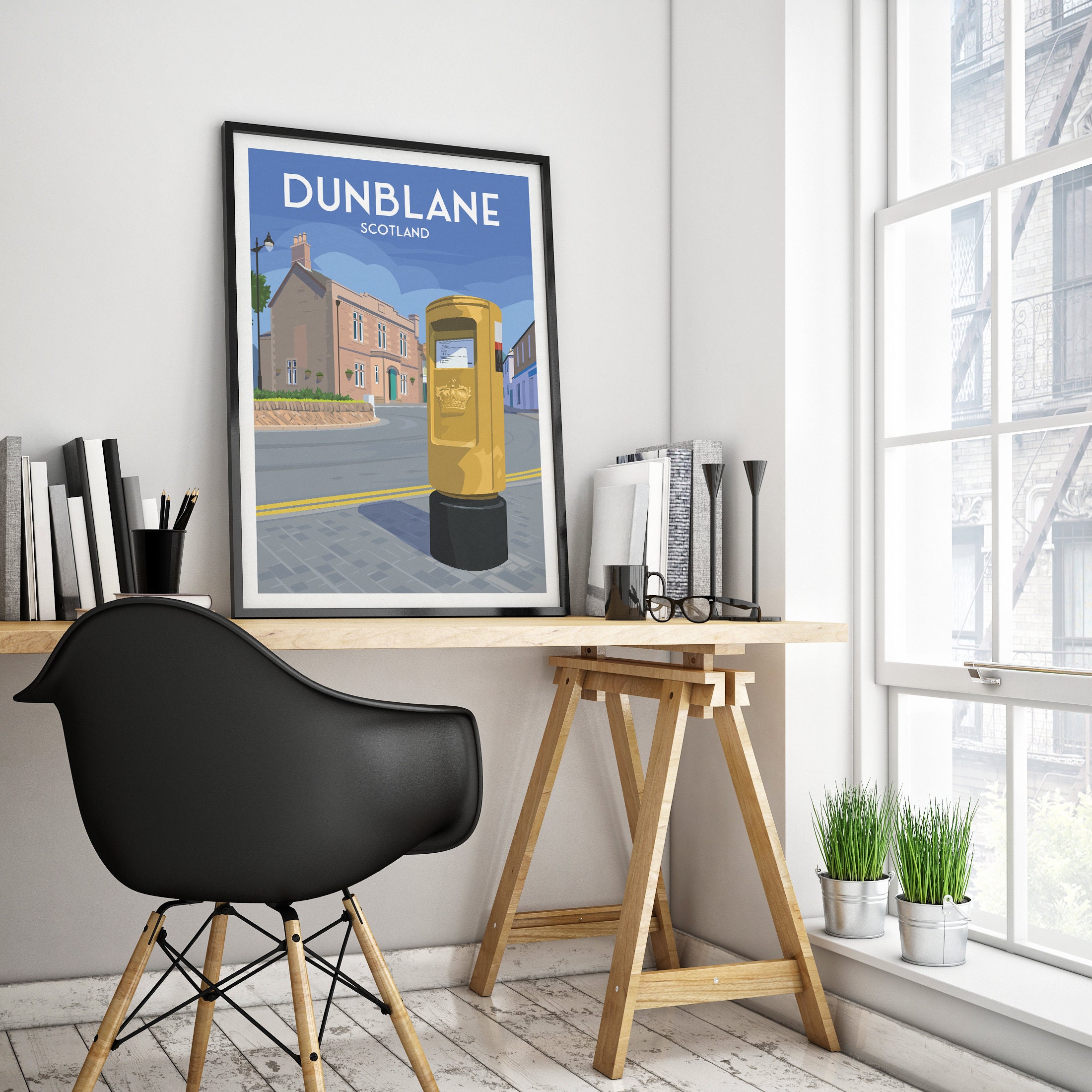Dunblane Travel Poster - Gold Post Box - Stirlingshire - Scotland