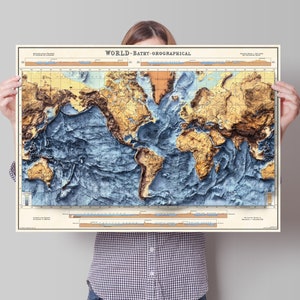 World Bathymetry - Shaded Relief Map - Detailed Topography - Vintage Poster - World Topography including Ocean Floor - Wall Art Print