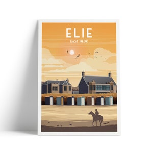 Elie Beach Huts Print - Horse riding - Oystercatchers - East Neuk - Fife Coastal Path - Travel Poster - Elie and Earlsferry - Leven