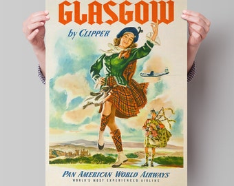 Glasgow Travel Poster | Glasgow by Clipper | Vintage Scotland Print | Highland Games | Highland Dancing | Bagpiper Glasgow Poster