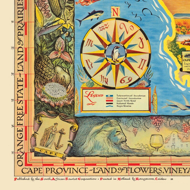 Pu&ograve; includere: Una mappa vintage del Sudafrica con una rosa dei venti al centro. La mappa &egrave; illustrata con disegni colorati di piante e animali. Il testo sulla mappa recita "Orange Free State - Land of Prairies" e "Cape Province - Land of Flowers, Vineyards".