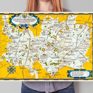 Hertfordshire Map | Old Vintage England | British Pictorial Map | Hertford Old Map | Gift for Him