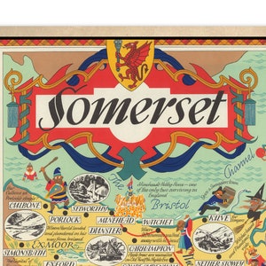 Somerset Map Vintage Pictorial Poster 1950 Old Map Wall Print Poster Wall Art bath Portishead Glastonbury Camelot Yeovil image 3