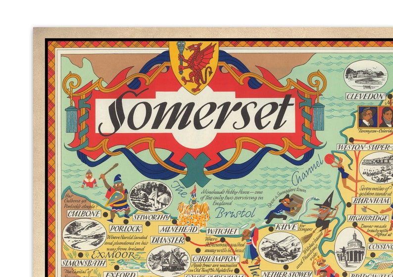 Somerset Map Vintage Pictorial Poster 1950 Old Map Wall Print Poster Wall Art bath Portishead Glastonbury Camelot Yeovil image 3