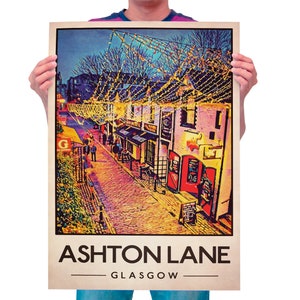 Ashton Lane Poster, Glasgow Street Poster im Vintage-Look, Glasgow Print, Schottische Kunst, Scottish Geschenke, Vintage Schottland
