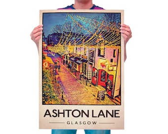Ashton Lane Poster, Vintage looking Glasgow street illustration,  Glasgow Print, Scottish Art, Scottish Gifts, Vintage Scotland