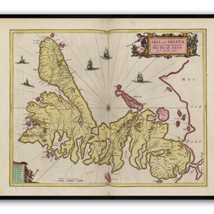 May include: An antique map of the Isle of Skye, Scotland, with a compass rose and a decorative border. The map is printed in black, brown, and red ink on cream-coloured paper. The title of the map is "SKIA, vel SKIANA, The Isle of SKIE."