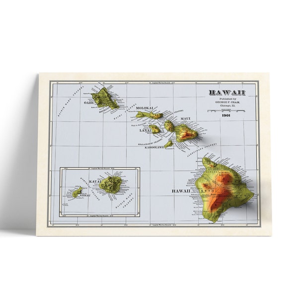 Hawaii Map - USA - 1901 retro print - 2d shaded map - Kauai - Maui - Molokai - Oahu - Kahoolawe - Lanai - Honolulu - Nihau - Kona - Kau