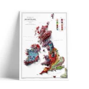 British Islands Geological Map - 3D effect relief Print (2D map with 3D effect using satellite terrain data)