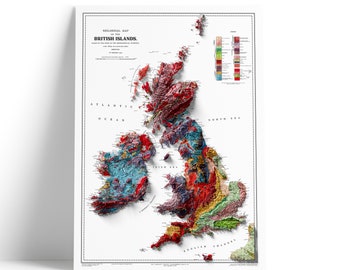 British Islands Geological Map - 3D effect relief Print (2D map with 3D effect using satellite terrain data)