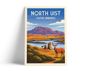 North Uist Outer Hebrides Travel Poster | Scottish Island Landscape Print | Vintage Scotland Wall Art | Highland Deer Poster A4 A3 A2 A1