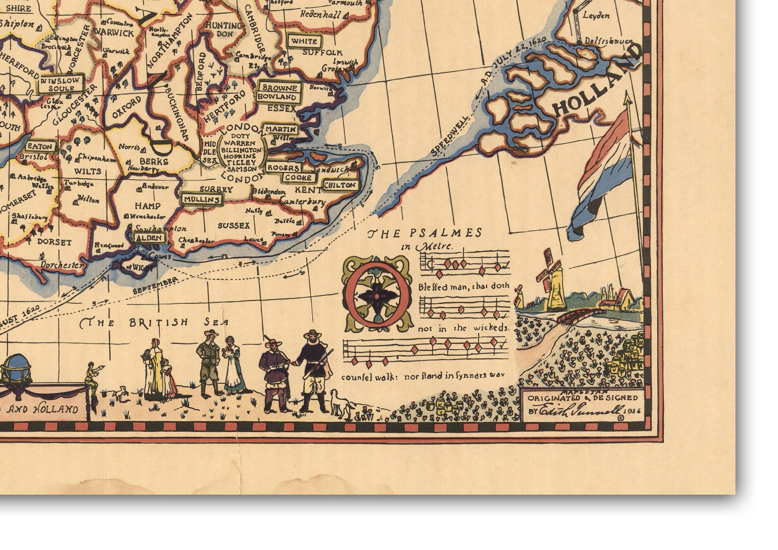 The Pilgrims of the Mayflower Old Map of England and Holland Etsy