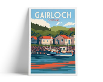 Gairloch Scotland Travel Poster | Scottish Highlands Harbour Print | Vintage Coastal Wall Art | Retro Fishing Boat Poster | A4 A3 A2 A1