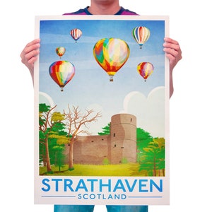 Strathaven Poster, Balloon Festival , Scottish Print, Vintage retro travel poster, Scottish Art, Hot Air Balloon Print
