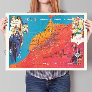 Carte Maroc - Ancienne Gravure du Maroc Touristique - Mattakech - Agadir - Essaouira - Casablanca - Rabat - Kénitra - Meknès - Taza - Tanger