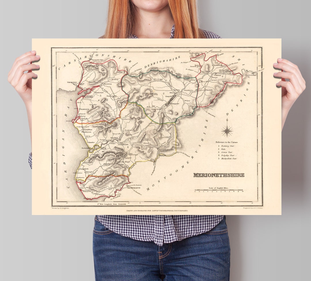 Merionethshire Map Wales Welsh Maps Etsy Merionethshire Map Wales Welsh Maps Etsy