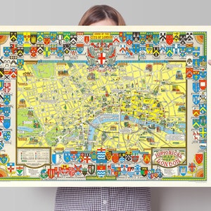 Mapa Histórico de Londres. Brasão da Cidade de Londres e das Guildas de Londres - Reprodução de um pôster de arte de parede vintage de 1965 - L.G. Bullock