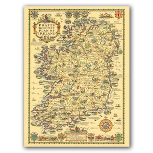 Alte Karte von Irland, Vintage bildliche irische Karte, Pratts High Test Plan von Irland, Irland Geschenk, Wandkunst, historische Karte