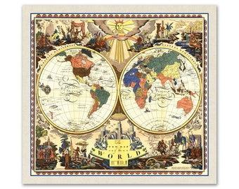 The New Map of the World  -  Double hemisphere world map - Vintage Poster Wall Decor - Educational Art - Kid's Room