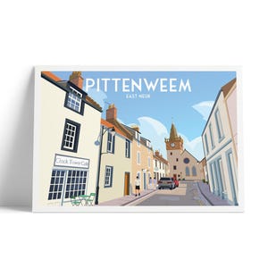 Konsttryck i Pittenweem, Skottland: Illustration av klocktornet i East Neuk