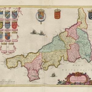 Alte Cornwall Karte | Cornvbia sive Cornwallia |  Vintage Antike | 1665 | Plymouth, Falmouth, St Austell, Alte Karte Drucken | Joan Blaeu Druck |